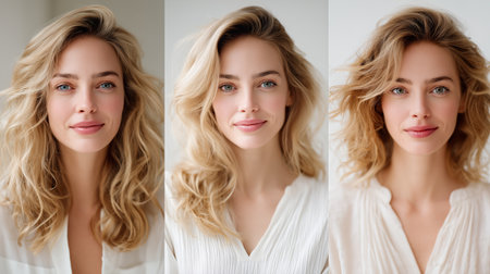 Beautiful woman with wavy hair in natural light showcasing different looksの素材