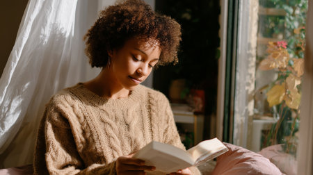 Woman reading a book by the window in a cozy room during the afternoonの素材