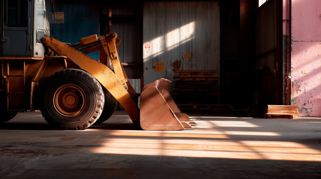 Construction vehicle prepares to load materials in dimly lit warehouse during afternoonの素材