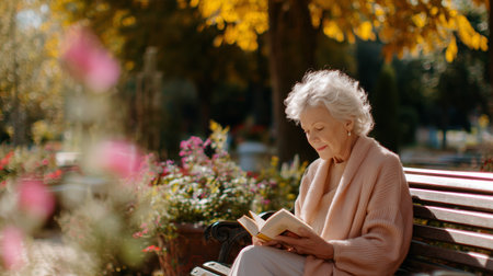 Elderly woman enjoys a sunny autumn afternoon reading a book in a parkの素材