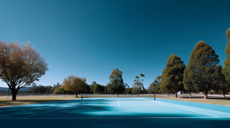 Tennis court surrounded by trees in an open grassy area on a sunny dayの素材