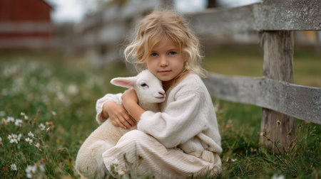 Young child cuddles a cute lamb in a sunny field near a wooden fenceの素材