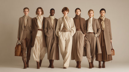 Models showcase elegant modern fashion in neutral tones during a studio photoshootの素材