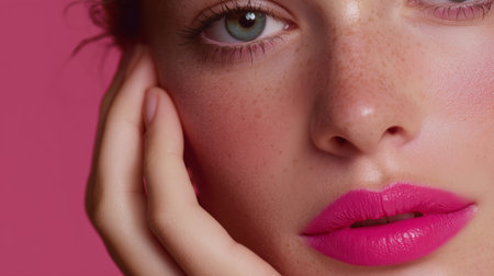 Freckled model showcases vibrant pink lipstick against a bright backgroundの素材