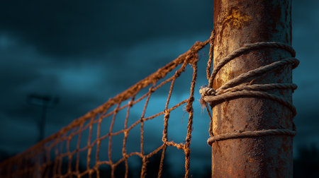 Rusty volleyball net tied to a weathered pole on a cloudy eveningの素材