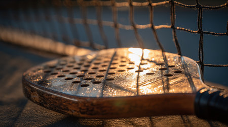 Close-up view of a padel racket resting against a net during sunset in a sports settingの素材