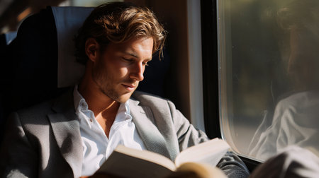 Young man reading a book on a train during a sunny afternoonの素材