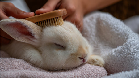 Bunny receives gentle grooming while relaxing on a soft towelの素材