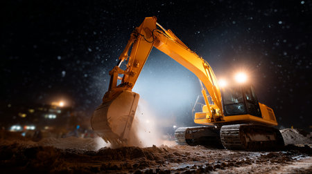 Excavator works at night clearing snow from a construction site in winterの素材