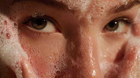 Close-up view of a person washing their face with soap during a skincare routineの素材