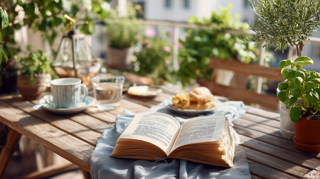 Enjoying a serene morning with a book and pastries on a sunny balcony surrounded by plantsの素材