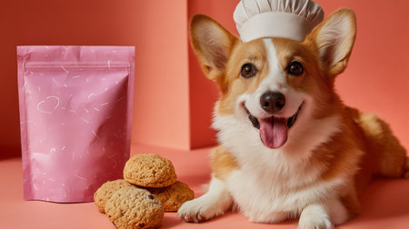 Corgi in a chef hat poses with cookies and a treat bag in a colorful settingの素材