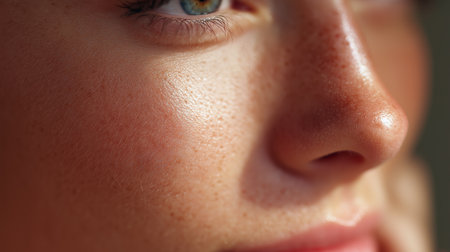 Close-up of a persons face showing delicate skin texture and bright eyes in natural lightの素材