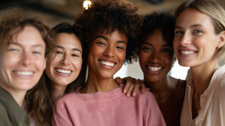 Friends enjoying a joyful moment together in a cozy indoor settingの素材