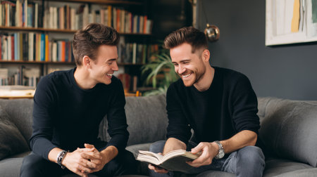 Two friends laughing and enjoying a book together in a cozy living roomの素材