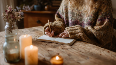 Cozy evening of writing in a warm sweater by candlelight on a rustic wooden tableの素材