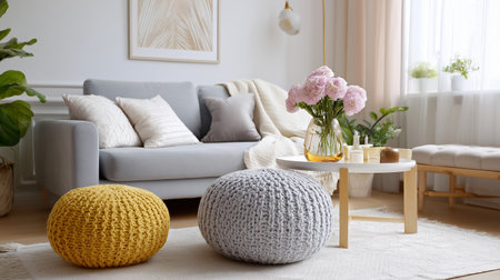 Cozy living room with colorful poufs and flower arrangement in a bright settingの素材