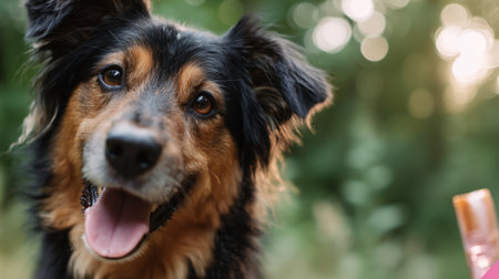 Happy dog enjoying time outdoors in a green park setting during the dayの素材