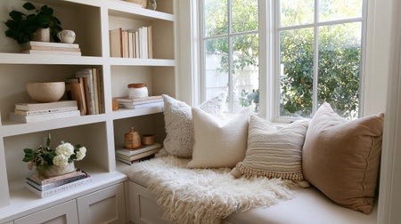 Cozy reading nook with pillows and natural light near the window in a modern homeの素材