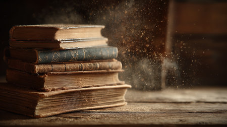 Old books stacked on a rustic wooden table with dust particles floating in sunlightの素材