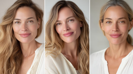 Woman with natural beauty showcasing different facial expressions and hairstyles in neutral settingの素材