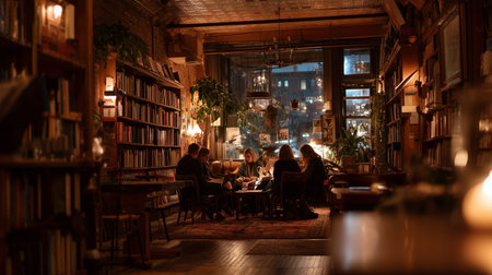 Cozy evening gathering in a warm, inviting library space with friendsの素材