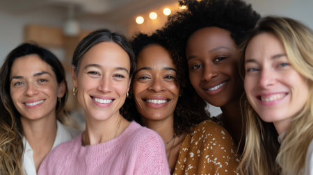 Friends enjoy a joyful moment together in a cozy, stylish indoor settingの素材