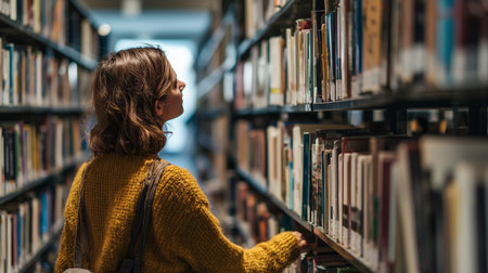 Young woman exploring a library shelf for new books and discovering storiesの素材