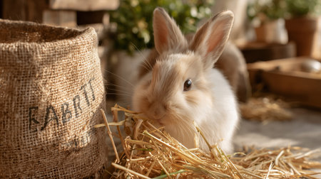 Cute white and brown rabbit chewing on hay near a burlap bag in a cozy farm settingの素材