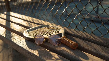 Padel racket and sunglasses resting on a wooden bench during sunsetの素材