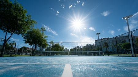Bright sunny day at a blue tennis court with green trees in the backgroundの素材