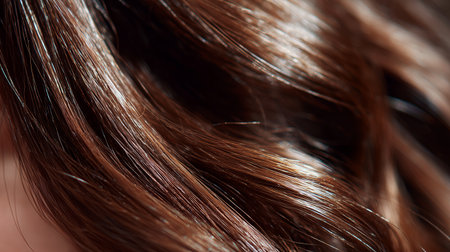 Beautiful silky brown hair captured in soft sunlight showcasing its smooth texture and shineの素材