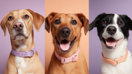 Three playful dogs showcase their friendly personalities against colorful backgroundsの素材