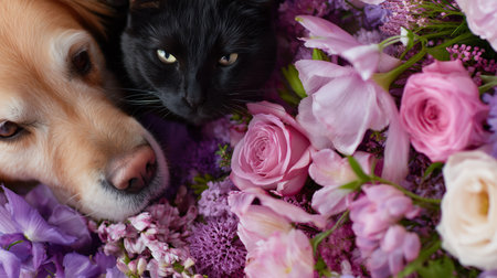 Dogs and cats share a peaceful moment among colorful flowers in a garden settingの素材