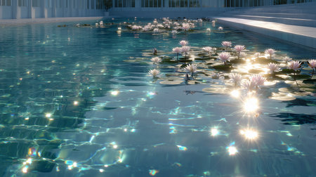 Water lilies bloom gracefully in a serene pool reflecting sunlightの素材