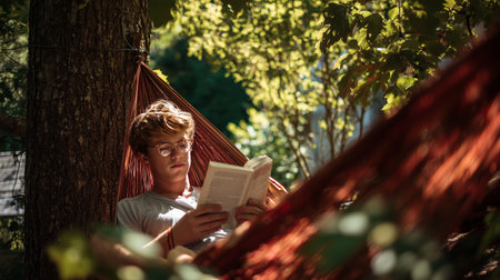 Young man relaxes in hammock reading a book on a sunny afternoon in the gardenの素材