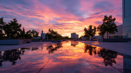 Sunset reflecting on a city plaza with vibrant colors and serene atmosphereの素材