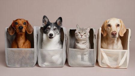 Pets in travel bags showing their personalities in a fun and playful setupの素材