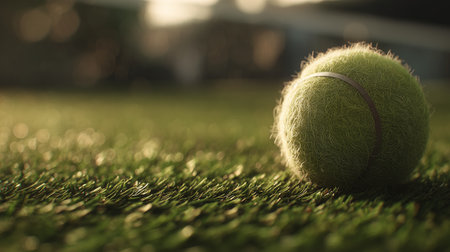 Tennis ball resting on a grassy court during golden hour lightの素材