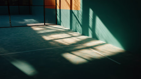 Light and shadow play on indoor tennis court surfaces in afternoon sunlightの素材