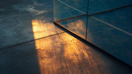 Reflection of sunlight on smooth concrete floor near a mirrored cornerの素材