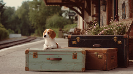 Beagle relaxing on vintage luggage at a train station on a sunny dayの素材
