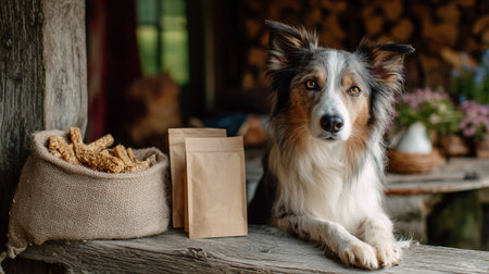 Dog relaxing by the counter with dog treats and brown paper bags in a cozy settingの素材