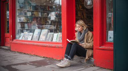 Woman reading a book in front of a bookstore on a cool dayの素材