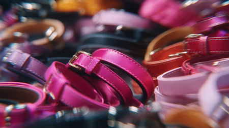 Colorful selection of belts displayed at a market during daytimeの素材