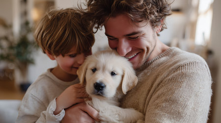 Smiling man cuddles golden retriever puppy with happy child in cozy indoor settingの素材