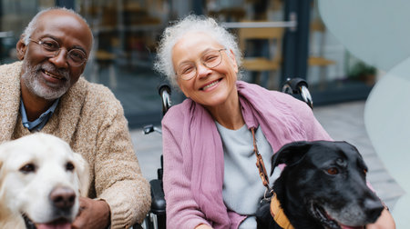 Elderly couple enjoys companionship with dogs at outdoor seating area on sunny dayの素材