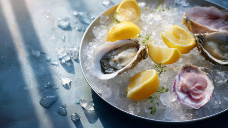 Fresh oysters served on ice with lemon wedges and herbs at a seafood dining experienceの素材
