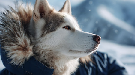 Siberian husky in a snowy landscape with mountains in the background during winterの素材