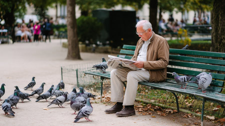 Elderly man reads newspaper on bench while pigeons gather in a parkの素材